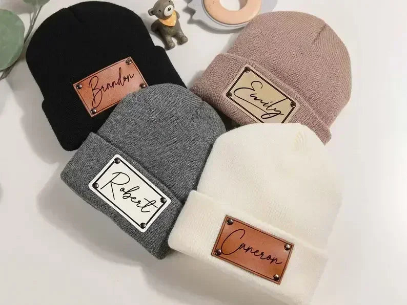 Personalized Newborn Baby Hat  Beanies Leather Patch Beanies for Baby  Infant Beanie with Name Kid Knitted Hat Baby Shower Gift