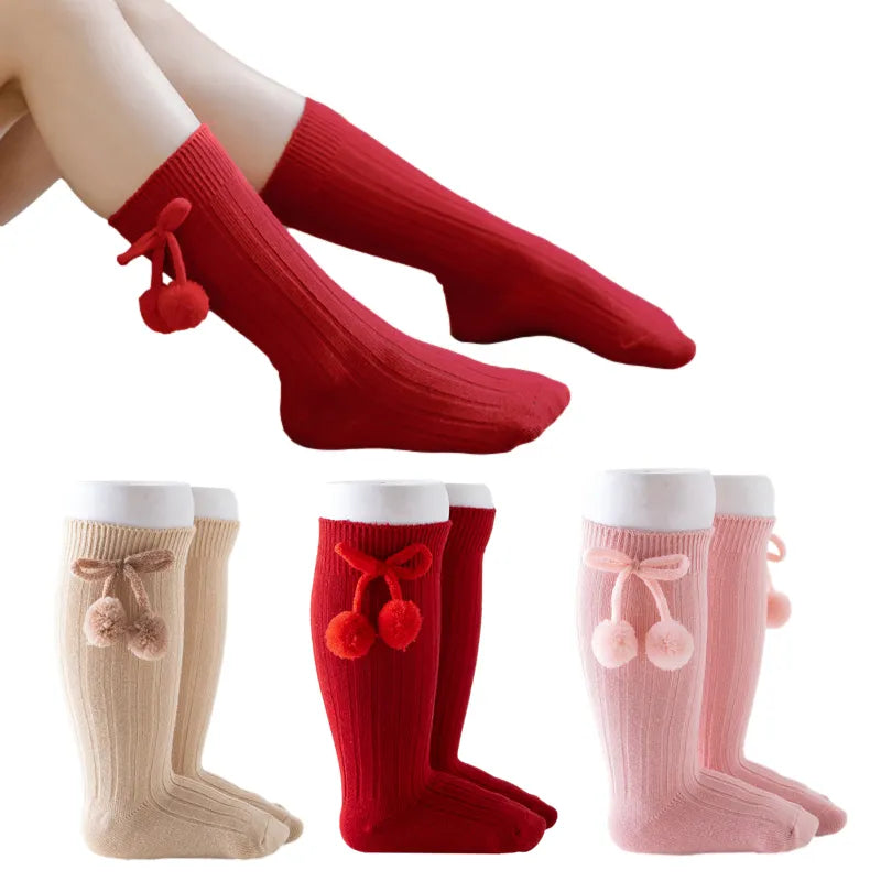 Baby Socks for Girls Boys Autumn Winter Bow Pompom Knee High Long Children's Socks Infant Toddler Cotton Sock Kids Accessories